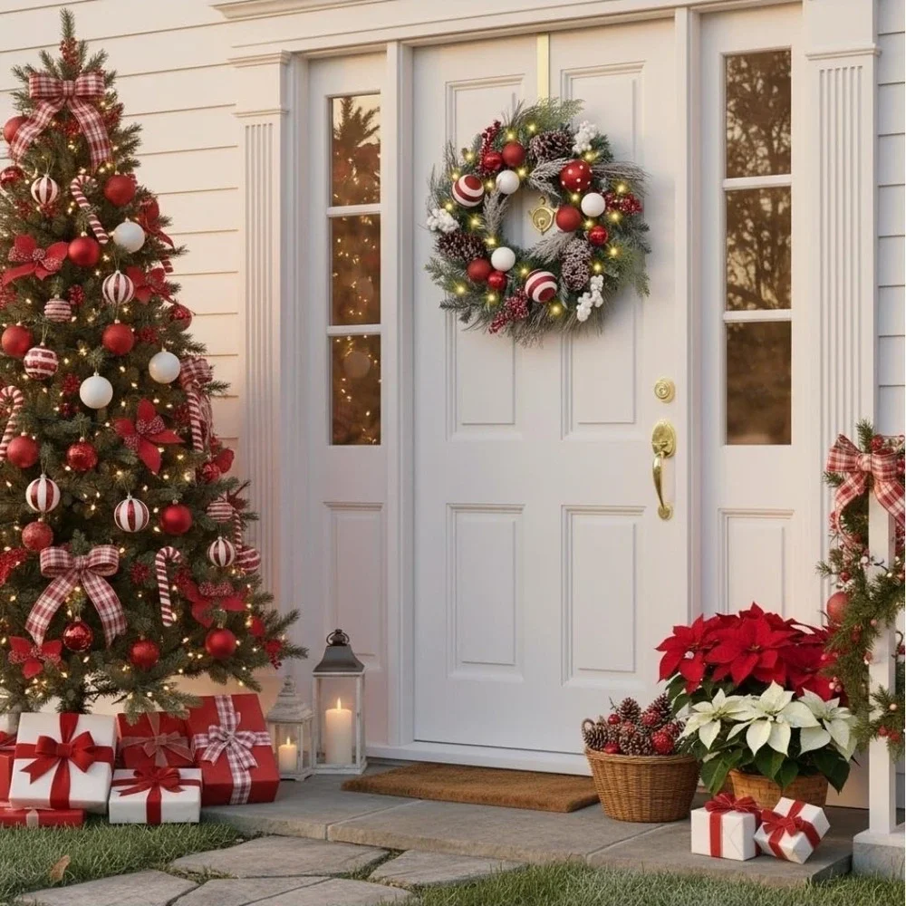 Valery Madelyn 24'' Pre-Lit Christmas Wreath for Front Door w Light Candy Cane